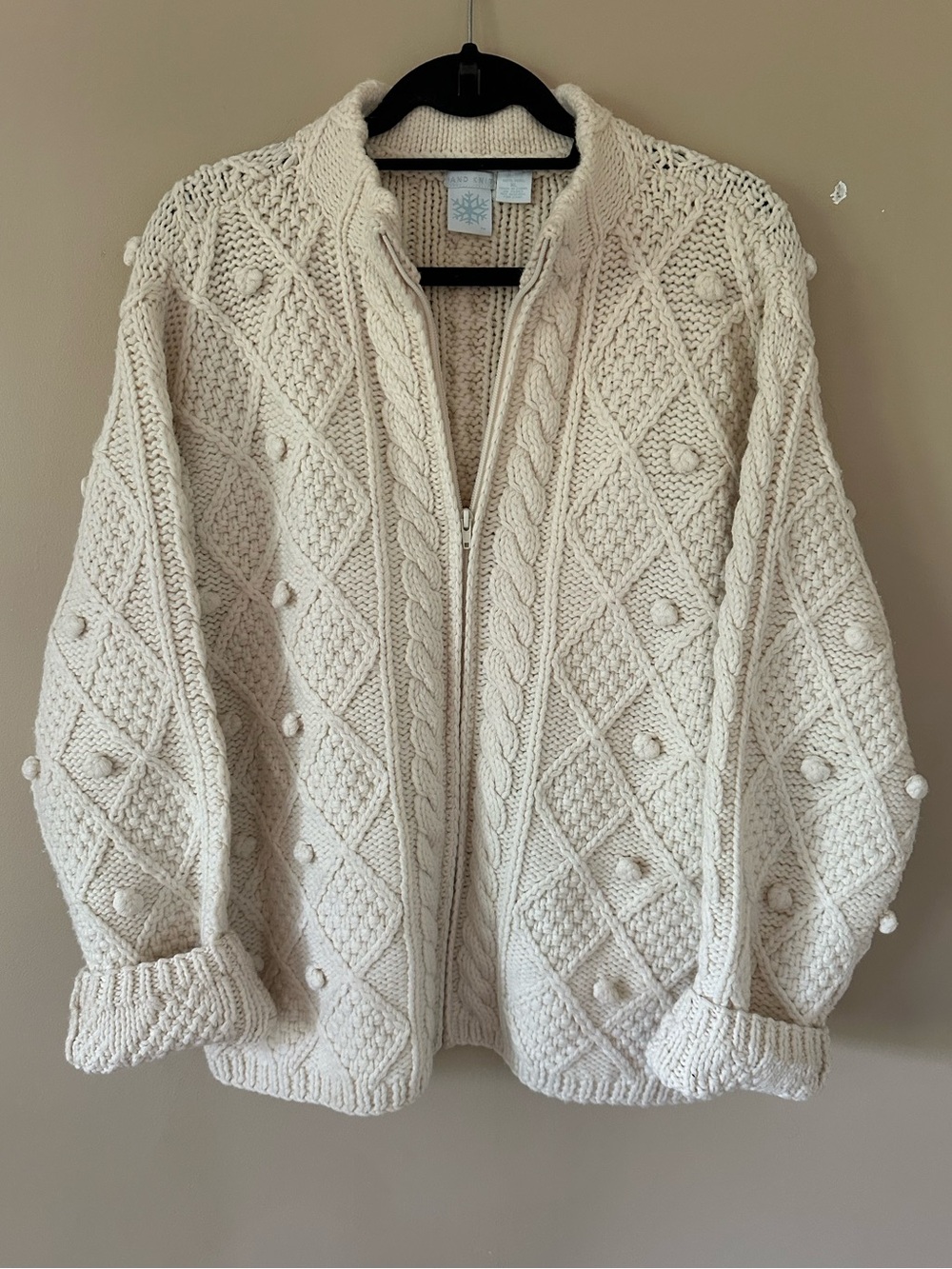 Hand Knit Chunky Cable-Knit 100% Wool Cream Zip-Up Fisherman Sweater XL